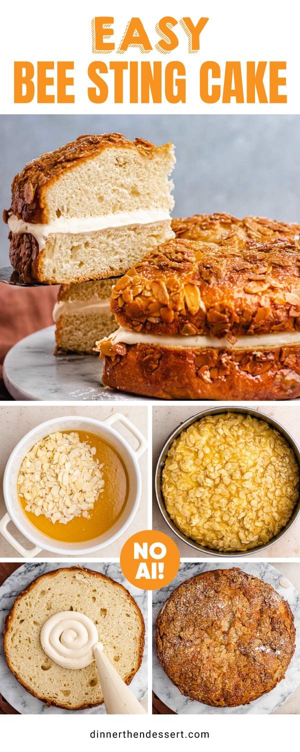collage of preparing cake and lifting slice from cake on stand