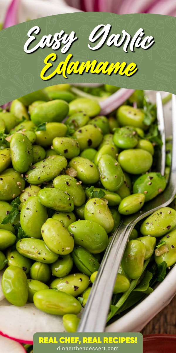 Cooked edamame with seasonings in bowl with spoon