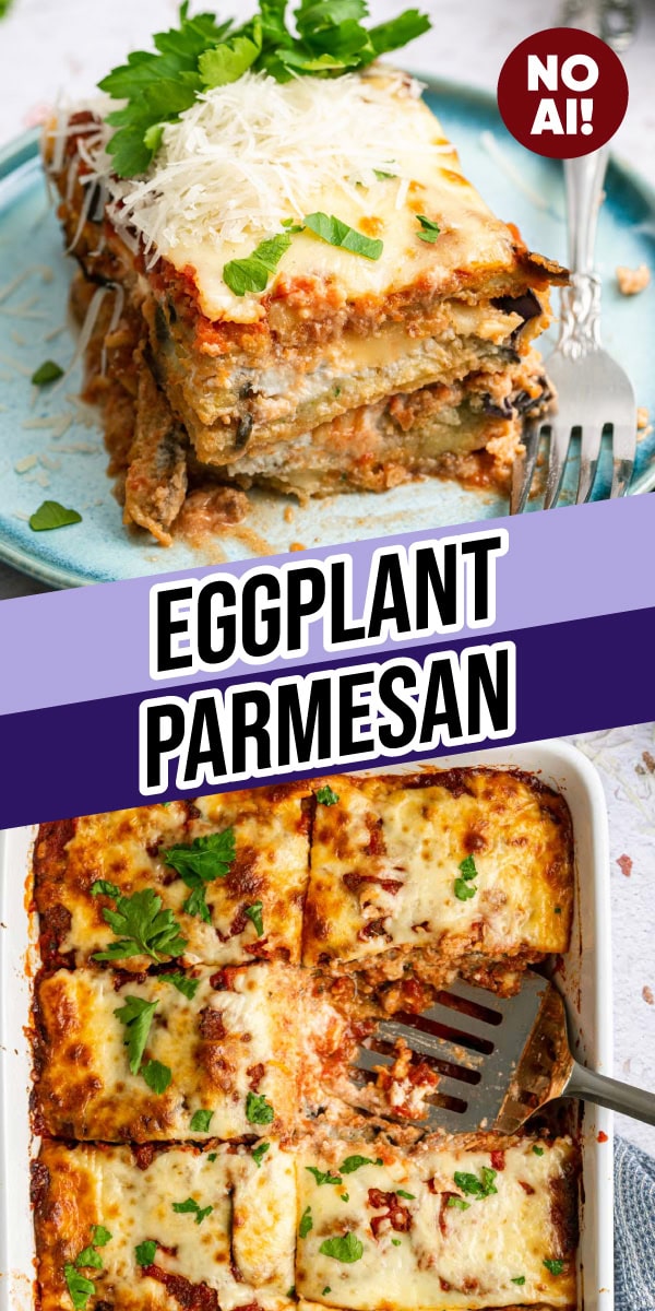 Collage of slice of eggplant bake and casserole sliced in baking dish