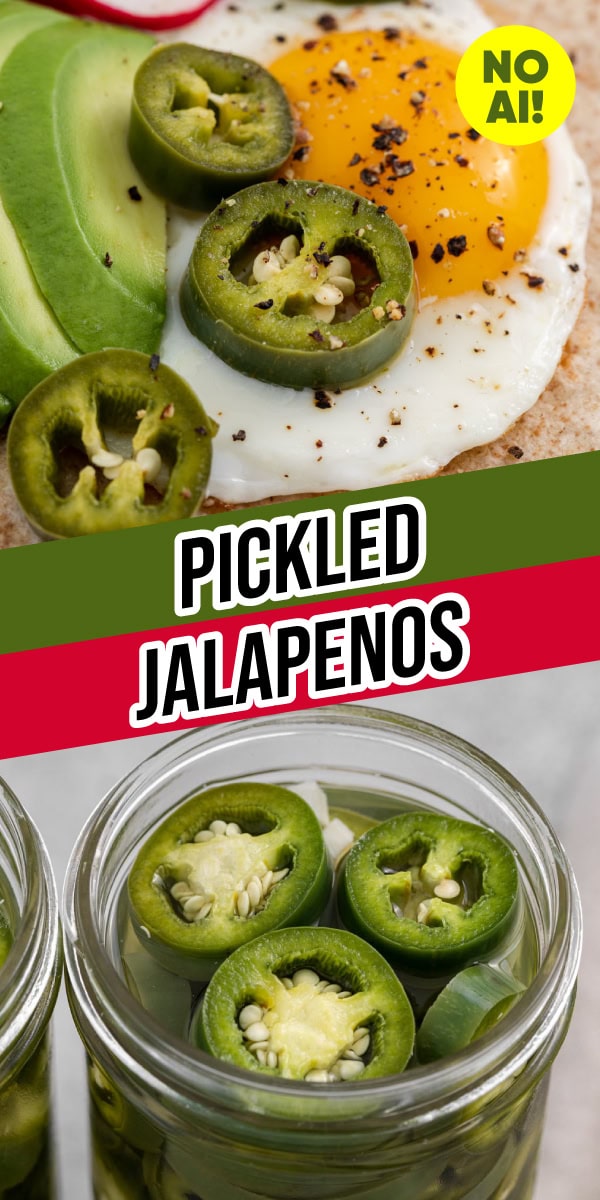 Collage: closeup of jalapeno slices on eggs and jar of pickled slices