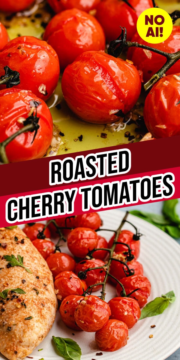 collage of cooked tomatoes on vine close up and plated with chicken