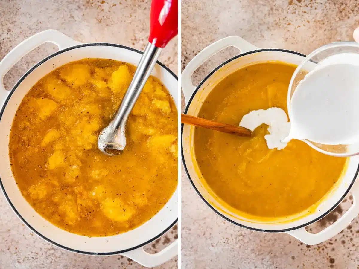 blending soup and adding cream 