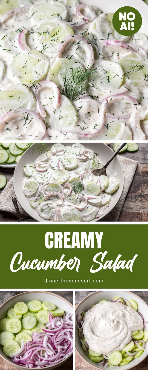 Collage of prepared cucumber salad with cream sauce in bowls and prep steps
