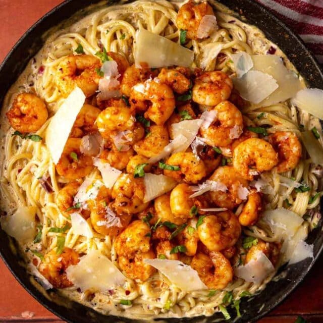 Crispy shrimp served over pasta 4x3
