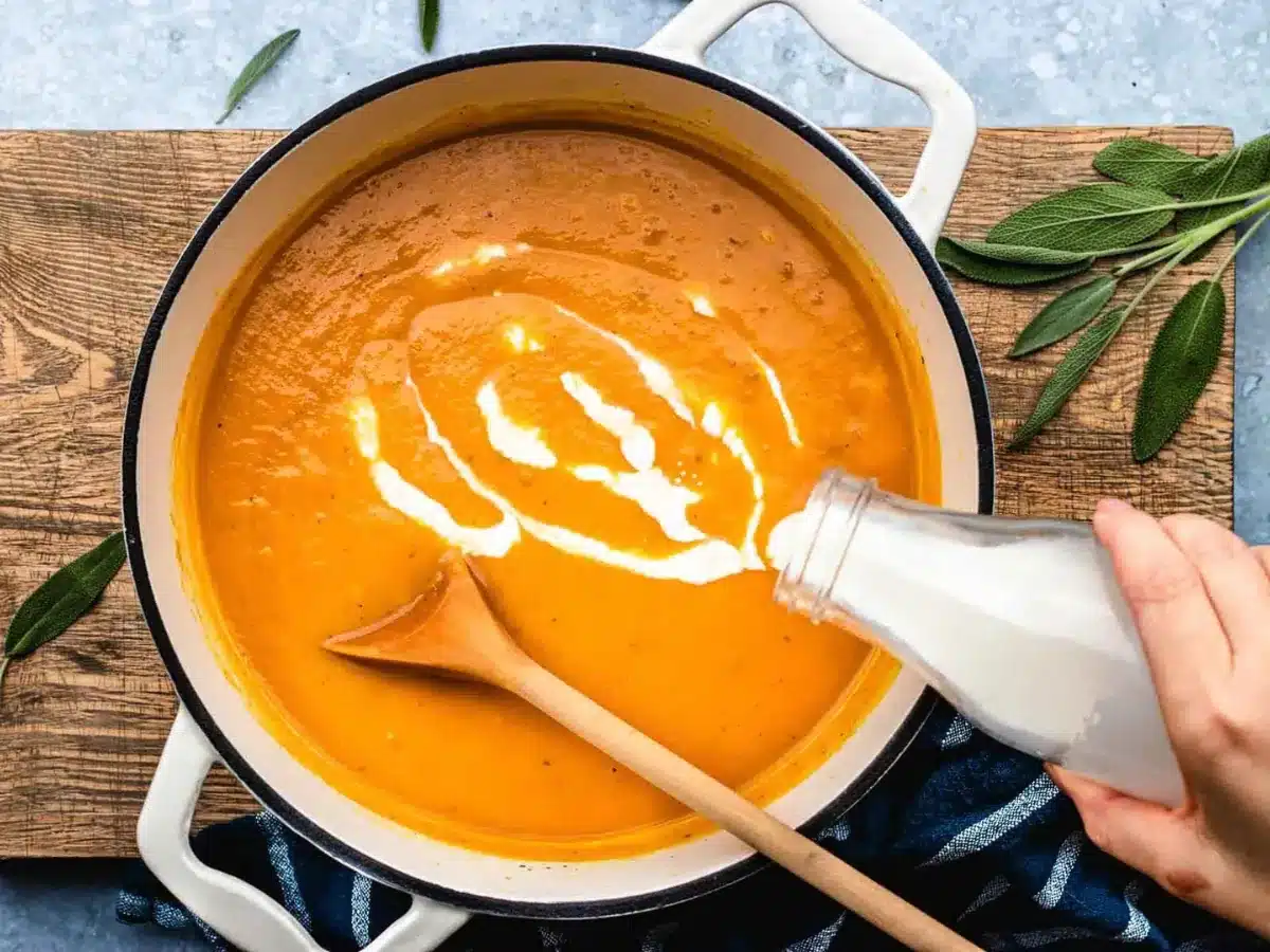 finishing the soup with cream 