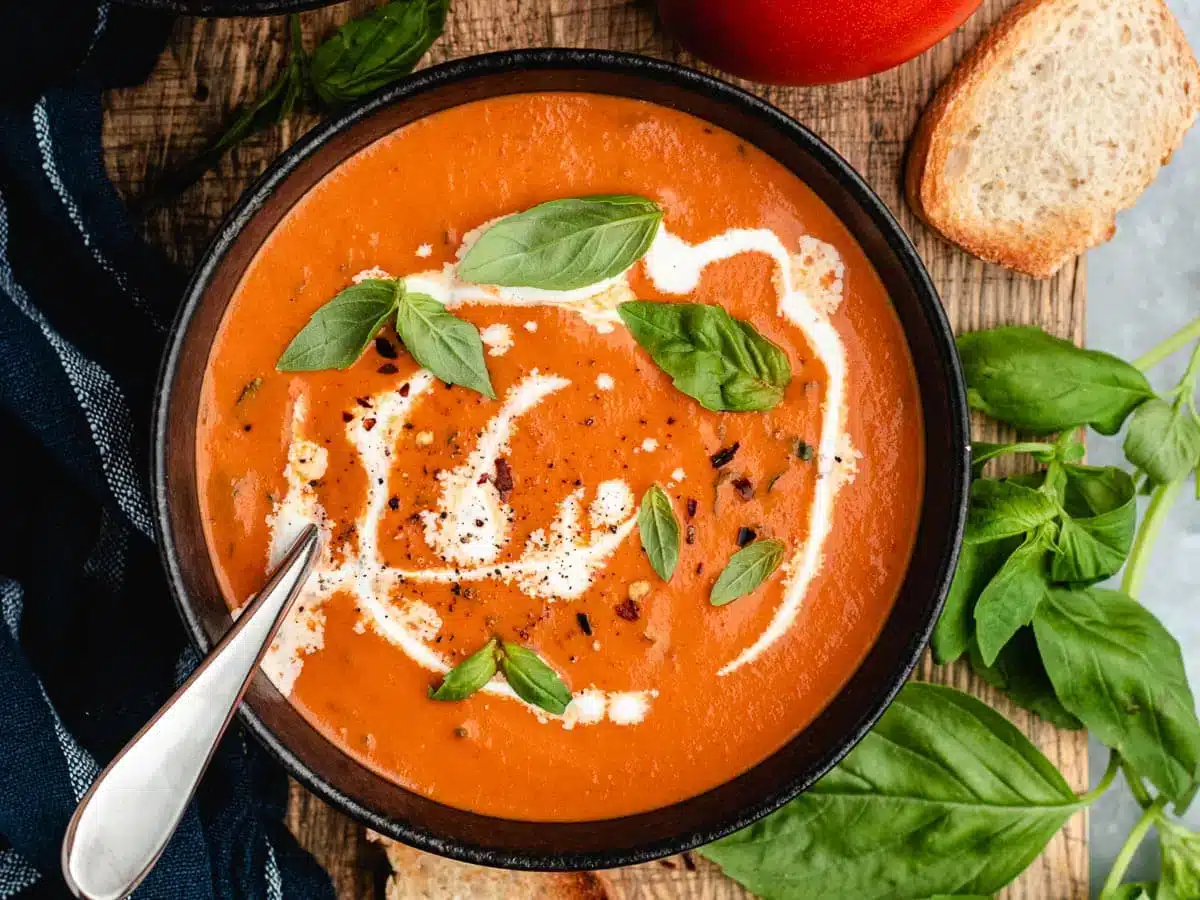 bowl of soup topped with basil and cream 