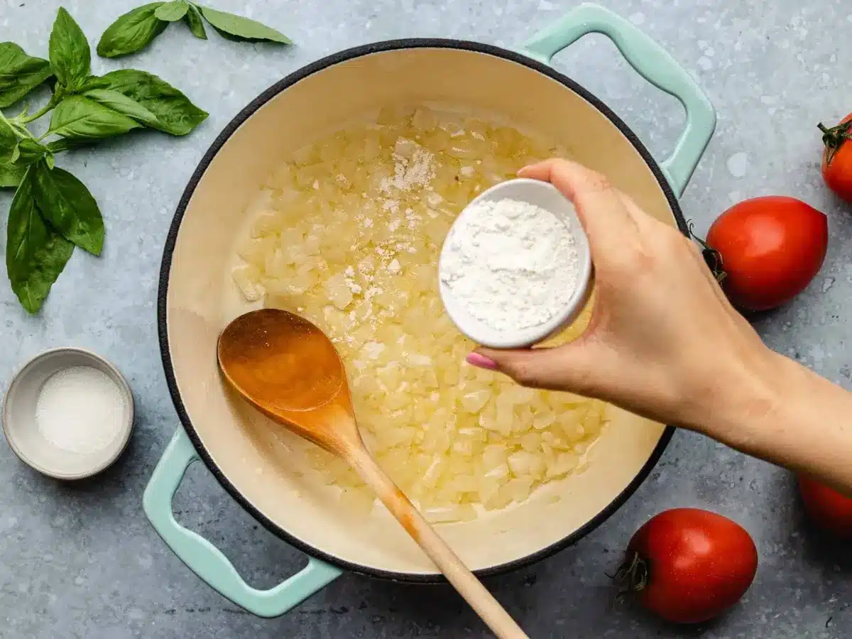 adding flour to soup 