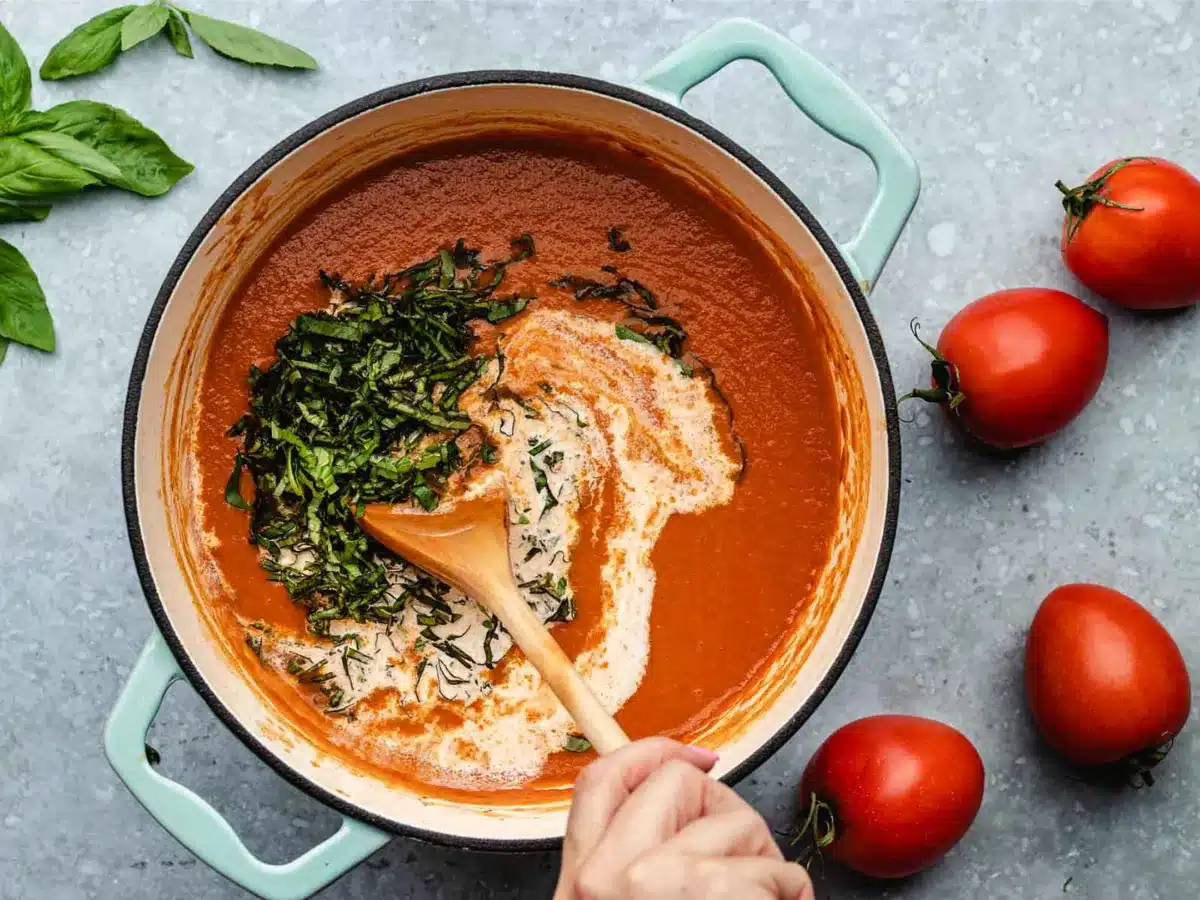 finishing soup with basil and cream 