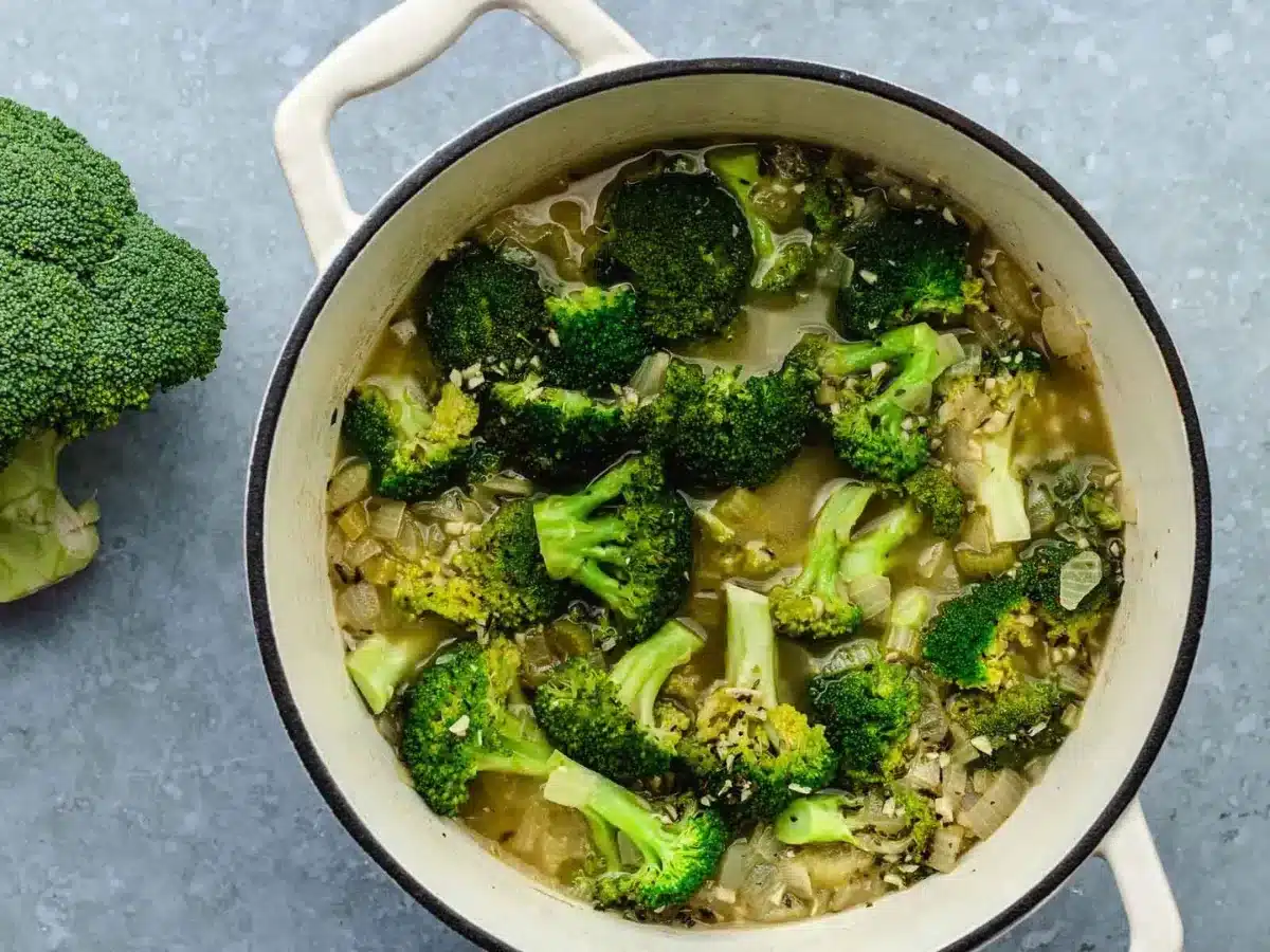 adding the broccoli in the soup to cook 