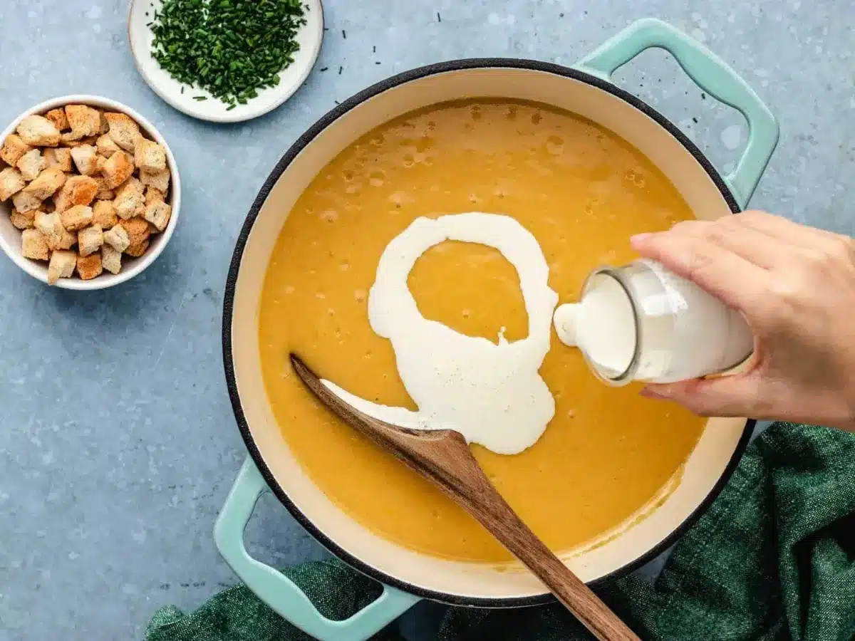 finishing the soup with cream 