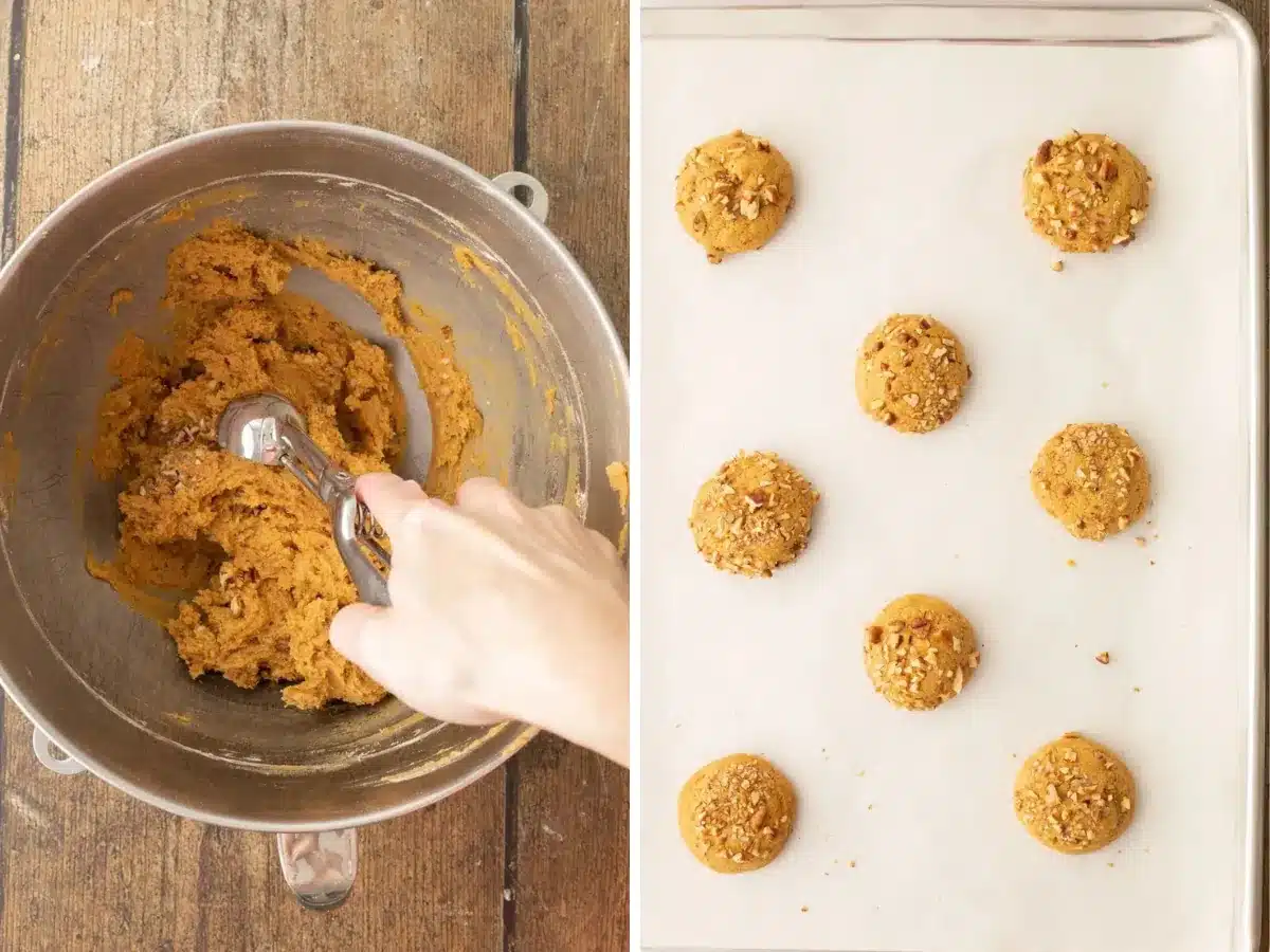batter in mixing bowl and scooped out on tray collage 