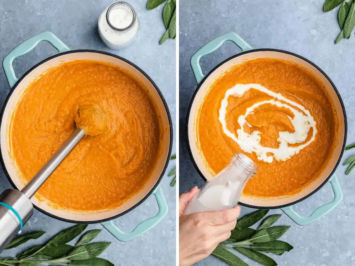 blending soup and adding cream collage 