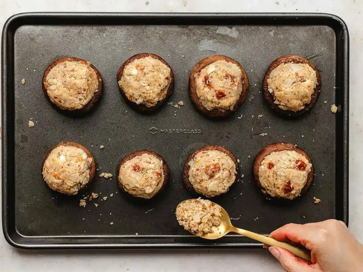 putting mushrooms on a try to bake 