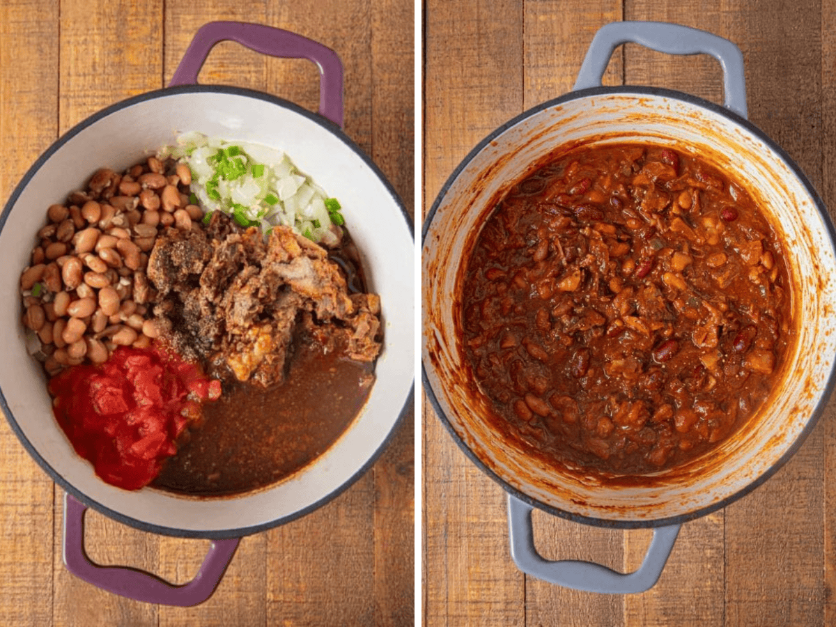 Collage of bean in pot before and after cooking