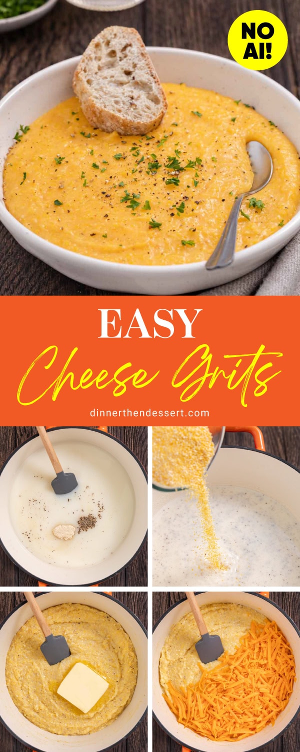 Collage of cooked grits and preparation steps