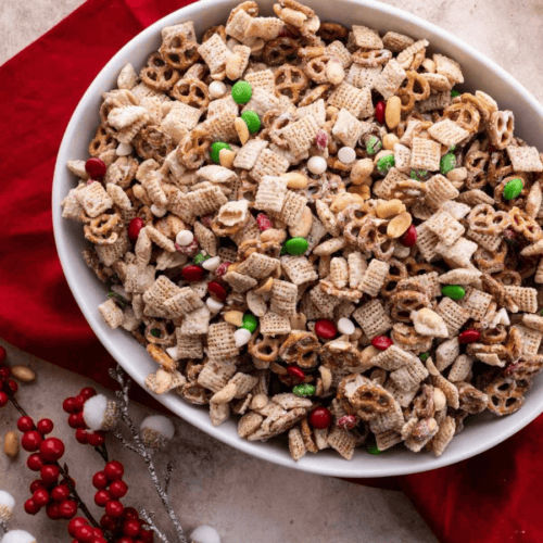 bowl of snack mix on a festive table
