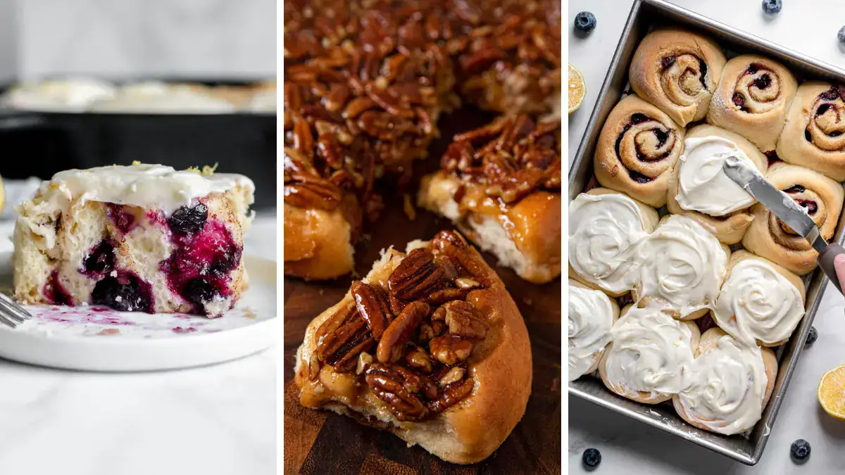3 image collage of cinnamon rolls