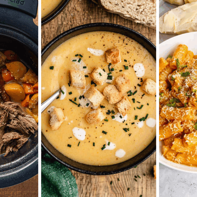 Collage of finished rump roast, potato soup, and pumpkin pasta