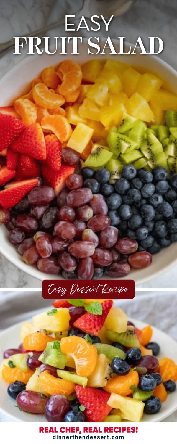 Colorful fruit salad displayed in a white bowl and served with a sprig of fresh mint.