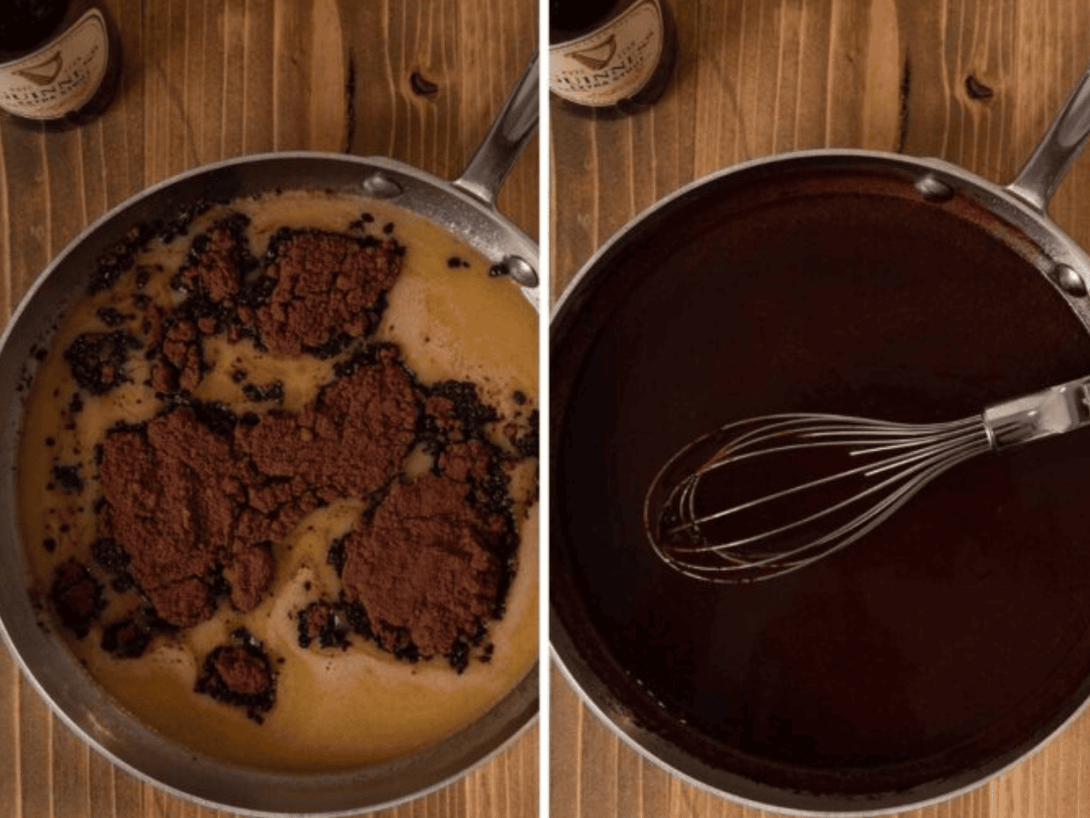 Collage of cake ingredients being mixed