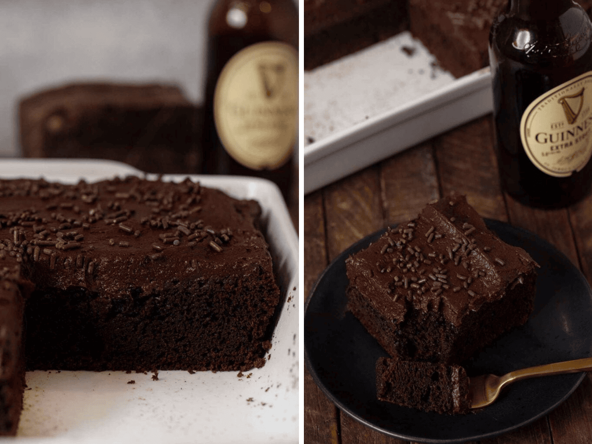 Collage of cake cut from pan and served on plate