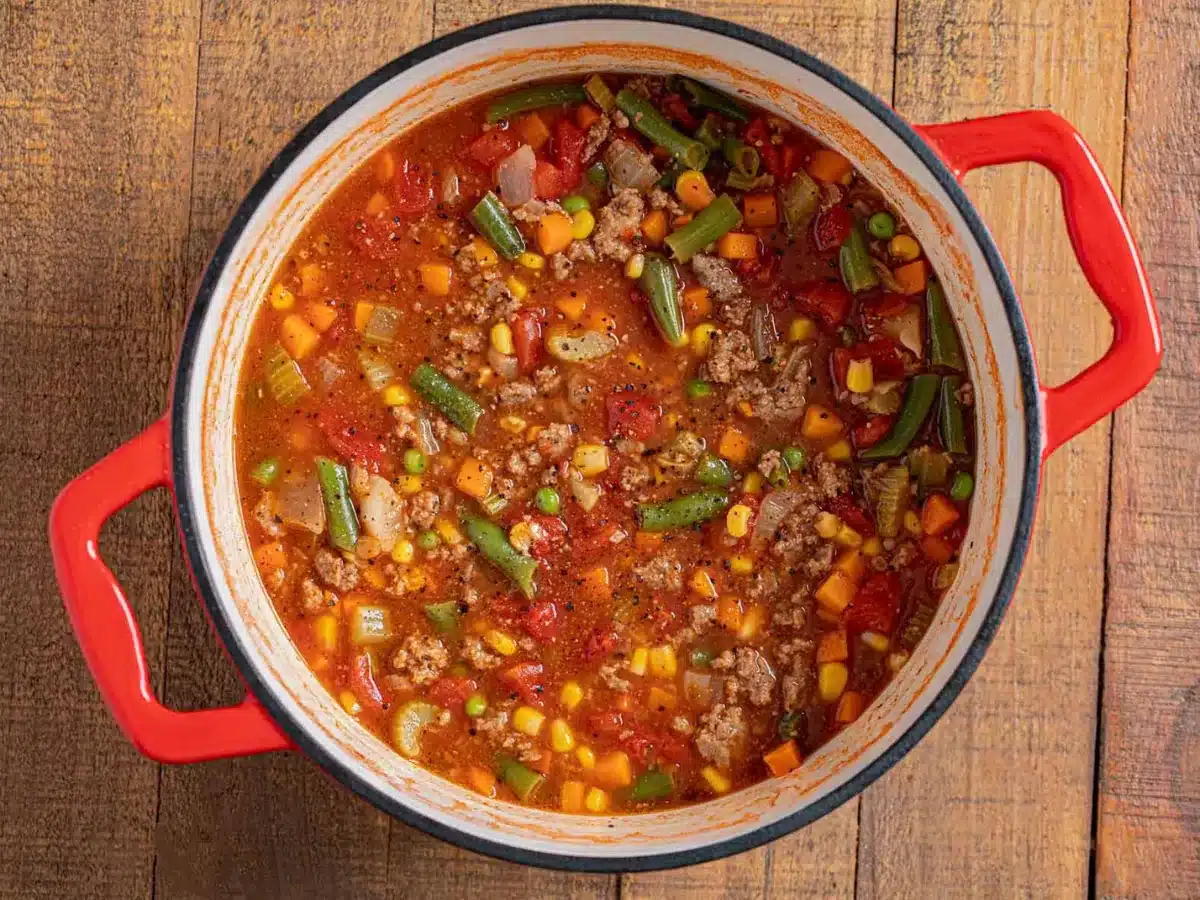 pot full of meat and veggie soup 