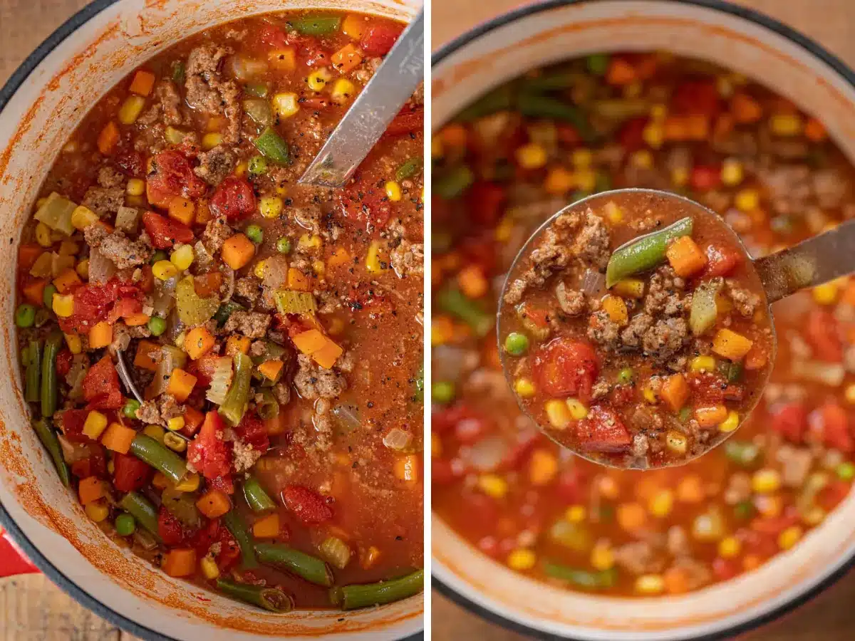 collage of ladles in soup and taking soup out