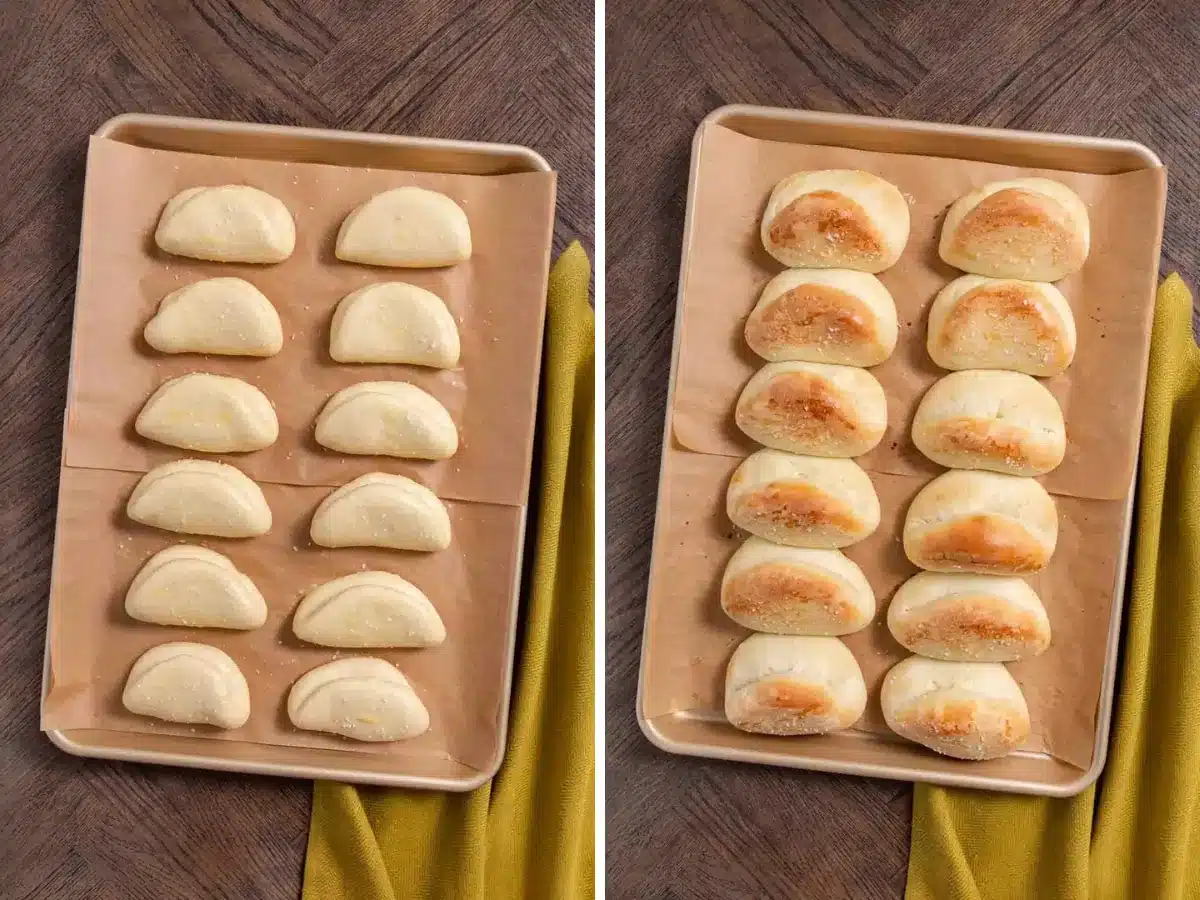 Collage of bread on baking sheet before and after baking