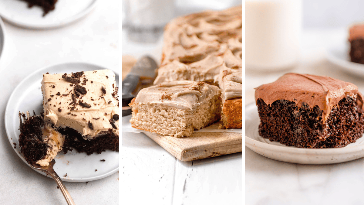 Three photos of poke cakes on plates. 