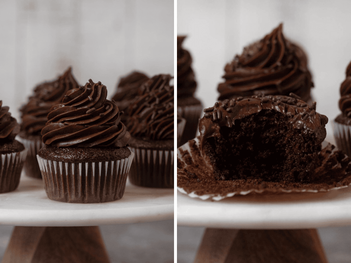 Collage of cupcakes showing one with bite taken