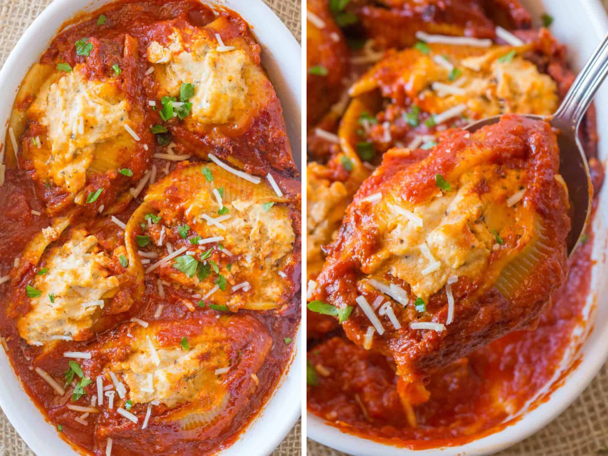 side by side of baked pasta and spoon being taken out 