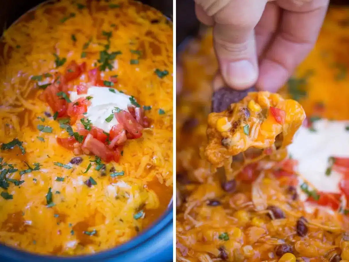 collage of finished dip and dip on chip 