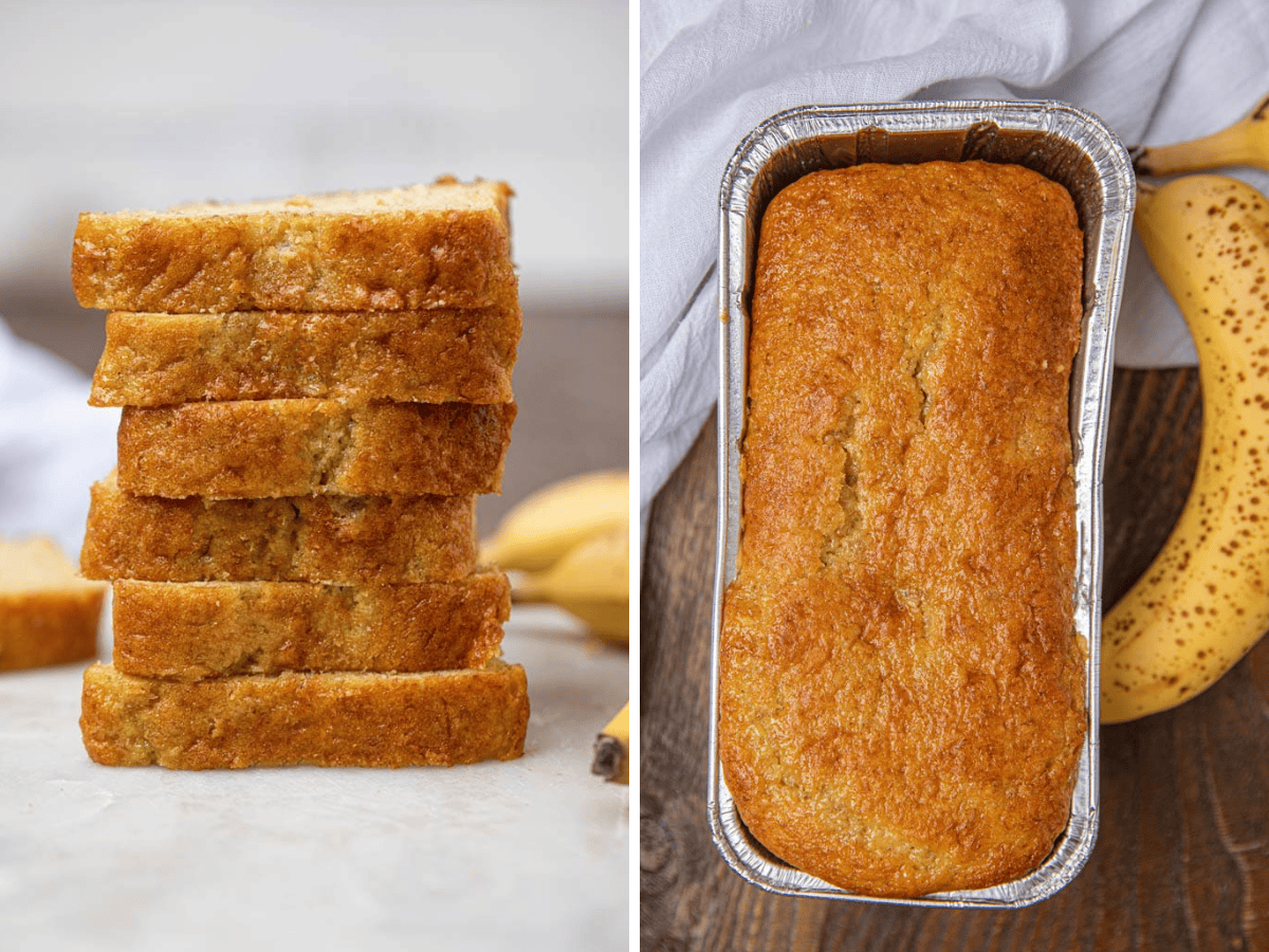 stack of bread and bread in a loaf pan