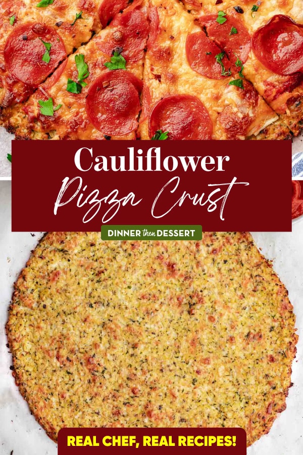 Collage with cauliflower crust and finished pizza