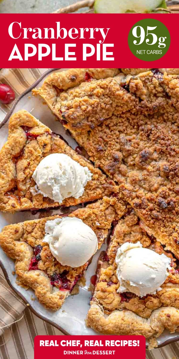 Pie shown from above with half cut into wedges and red title over top