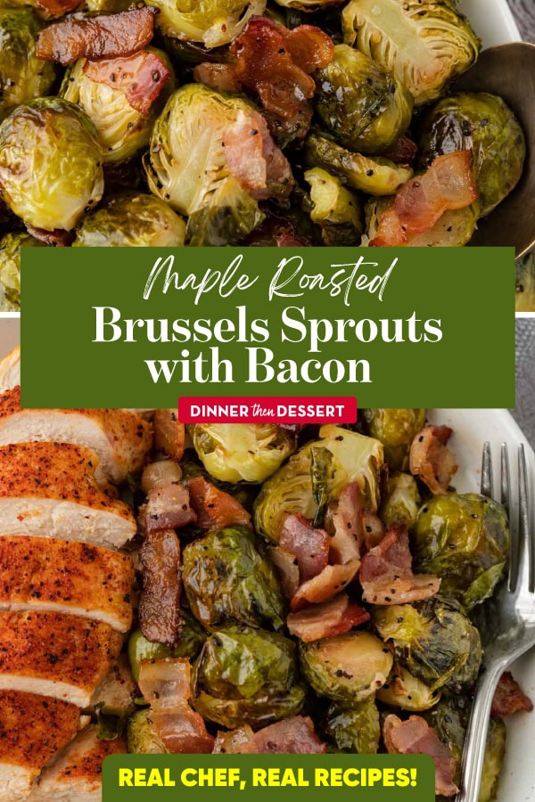 Collage with Brussels sprouts in a serving dish and with chicken