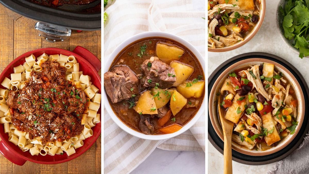 Collage of plated beef ragu, beef stew and tortilla soup