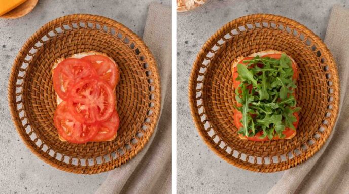 Side by side of bread slice with tomato and arugula 
