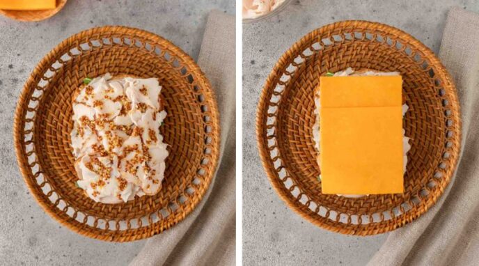 Side by side photo of turkey sandwich with and without cheese