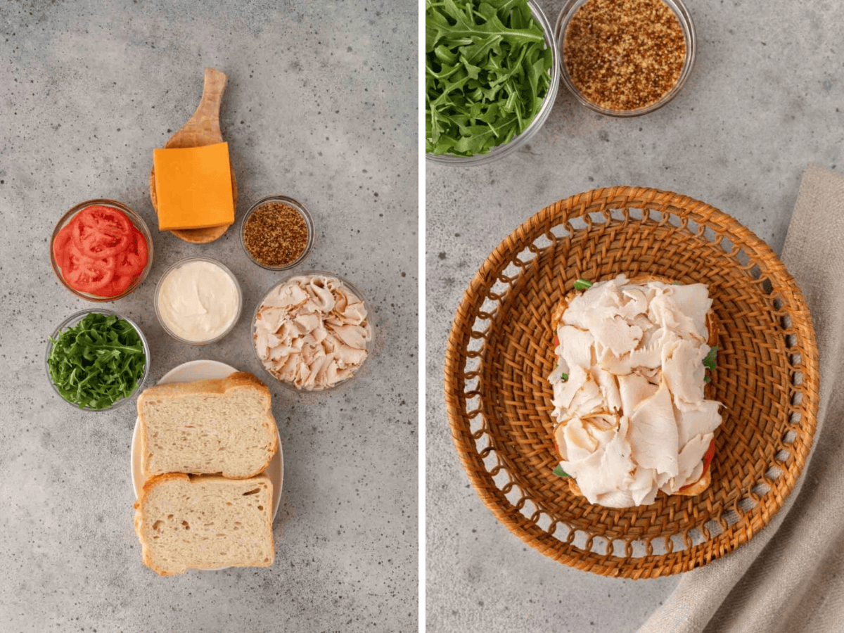 Collage of sandwich ingredients and assembly