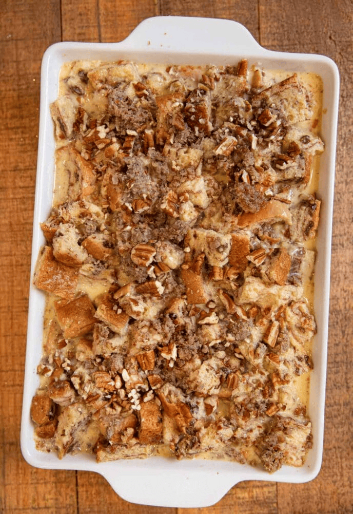 Unbaked bread custard with pecan topping