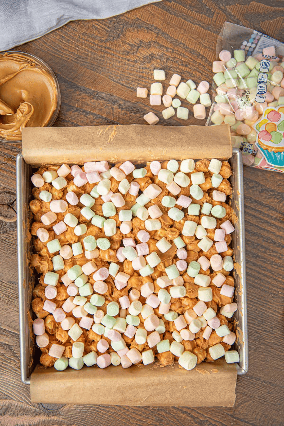 Peanut butter and marshmallow dessert in a pan