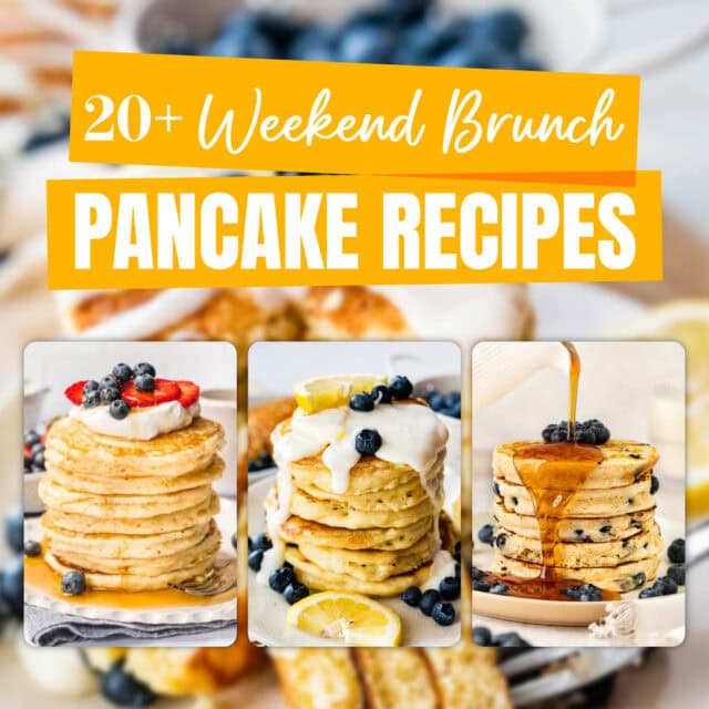 Collage of 3 different recipes pictures of stacked pancakes
