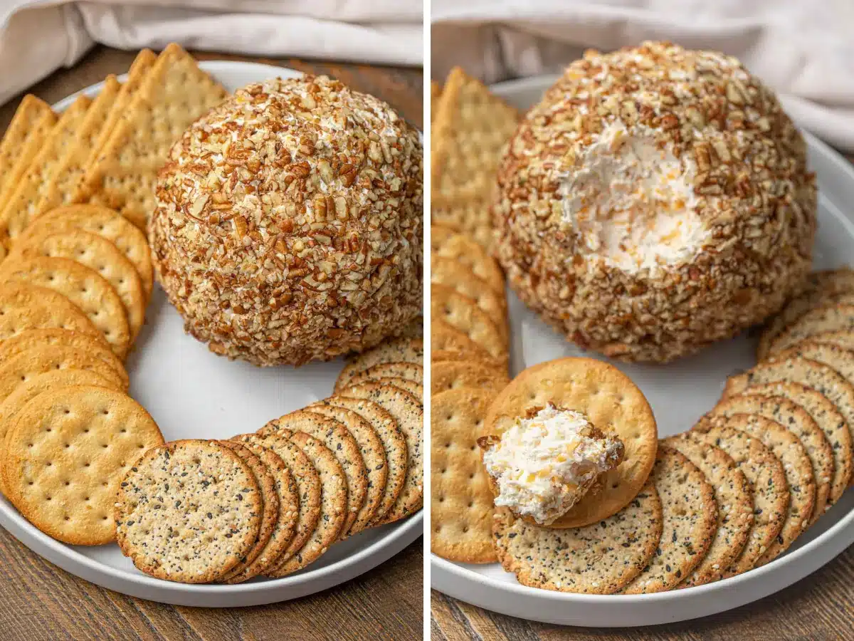collage of ball on tray surrounded by crackers