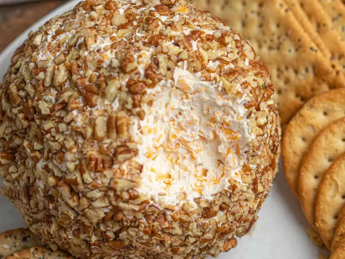 Ingredients rolled up and served on a plate with crackers with a scope taken out