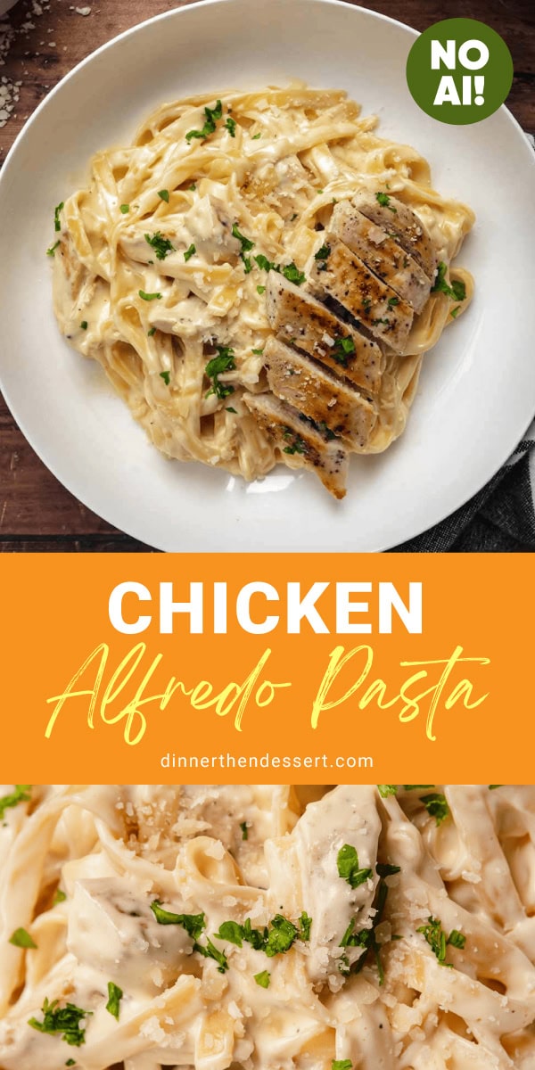 plated fettuccine pasta with chicken and close up of cooked pasta and chicken collage