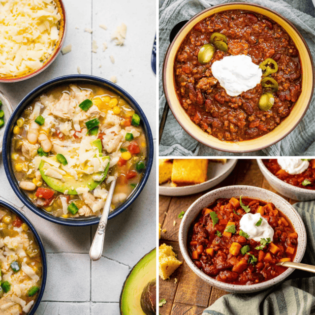 3 image collage of chili in bowls - white bean chicken, chili con carne, and vegetarian