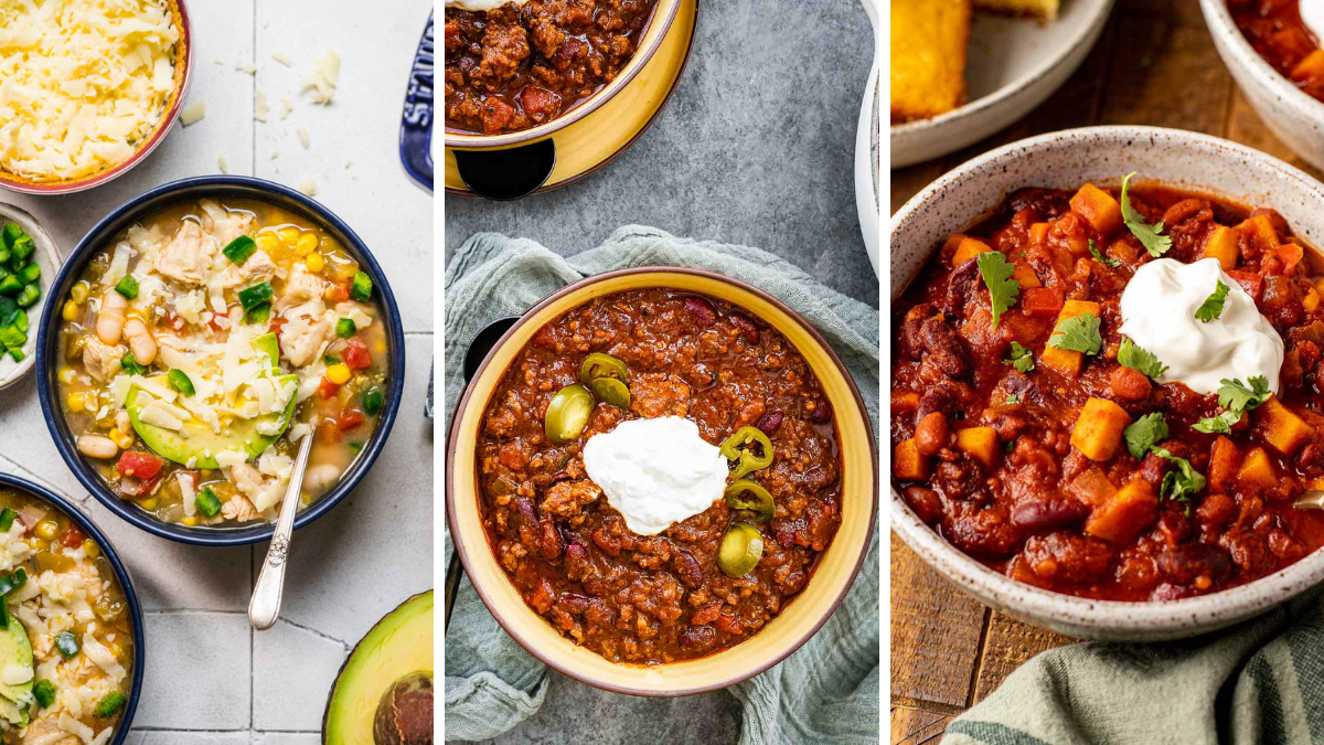 3 panel collage of chili in bowls - white bean chicken, chili con carne, and vegetarian