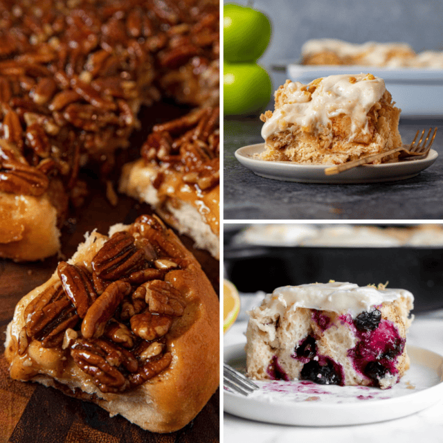 3 image collage of cinnamon roll recipes - caramel pecan, apple crisp and blueberry lemon