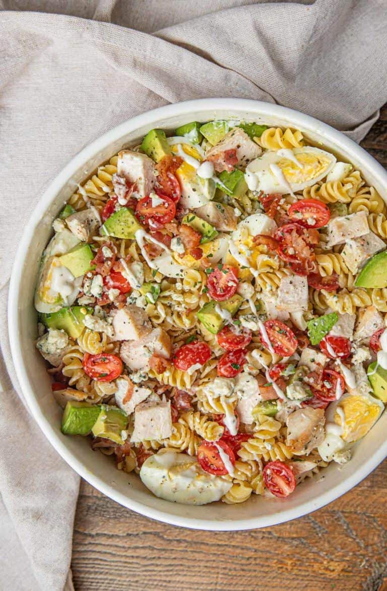 pasta salad mixed in bowl 